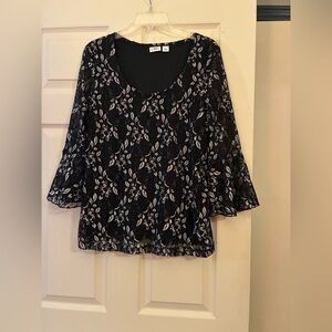 Cato Black and White Silvery Lace Blouse Scoop neck. Butterfly sleeves